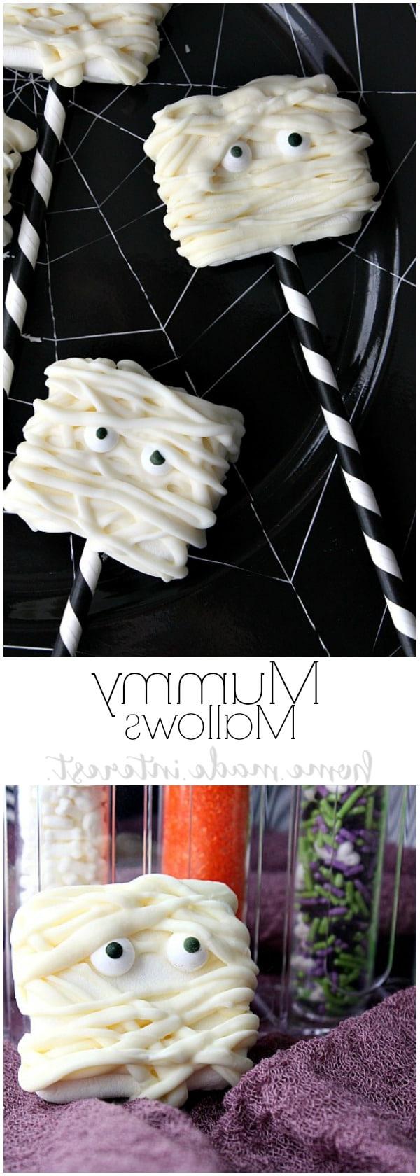 Dieses bezaubernde Halloween-Rezept für Mumien-Marshmallows ist super einfach zuzubereiten und benötigt nur geschmolzene Schokolade und große Marshmallows. Kinder werden dieses Halloween-Dessert lieben!