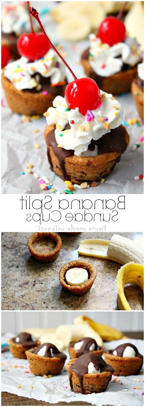 Bananensplit-Keksbecher 2 Diese einfachen Bananensplit Cookie Cups sind perfekt für Sommerpartys... oder einfach ein lustiges Dessert für Ihre Familie! Leckerer Keksteig in Tassen gebacken und gefüllt mit Schokolade, Bananenscheiben, Schlagsahne und natürlich einer Kirsche obendrauf. Wer braucht einen einfachen Eisbecher, wenn er einen Bananen-Eisbecher-Keksbecher haben kann!