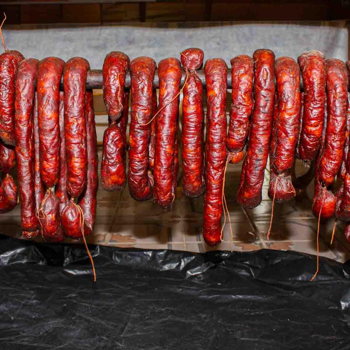 Hausgemachtes Chouriço herstellen: Eine traditionelle portugiesische Wurst 2 Eine Reihe portugiesischer Würste hängen zum Trocknen auf einem Gestell