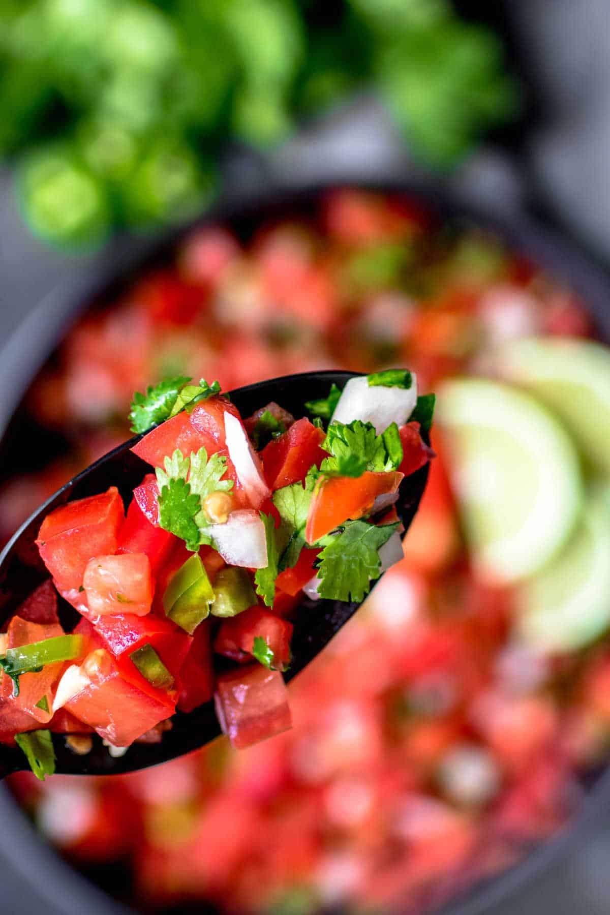 Salsa Fresca {Frische Tomatensalsa} 3 Salsa Fresca auf einem schwarzen Löffel
