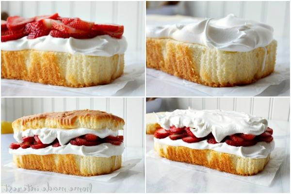 Nahaufnahme eines No-Bake Erdbeer-Sommerkuchens mit Schichten aus Pfundkuchen, Sahne und Erdbeeren, garniert mit Zitronenschale. Ein perfekter und schneller Kuchen für Partys.
