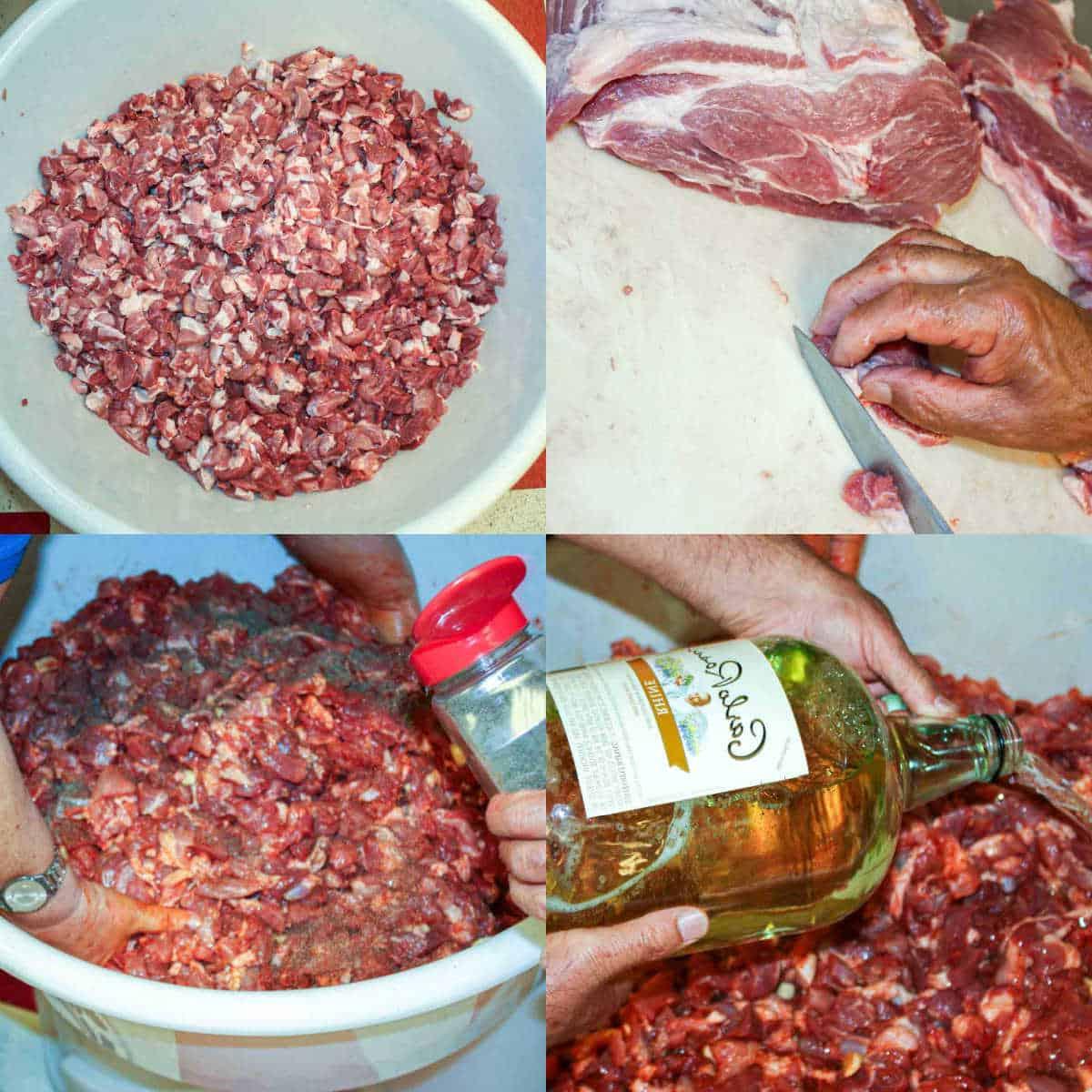 Hausgemachtes Chouriço herstellen: Eine traditionelle portugiesische Wurst 4 Eine Reihe von Fotos, die den Prozess der Fleischzubereitung für portugiesische Wurst zeigen