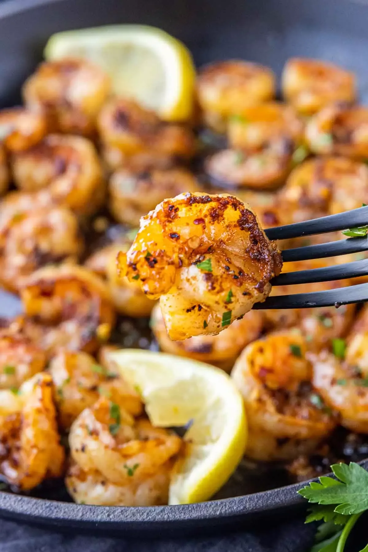Gambas Pil Pil (Chili-Knoblauch-Garnelen) 5 Garnelen Pil Pil auf einer Gabel mit ausgepresster Zitrone