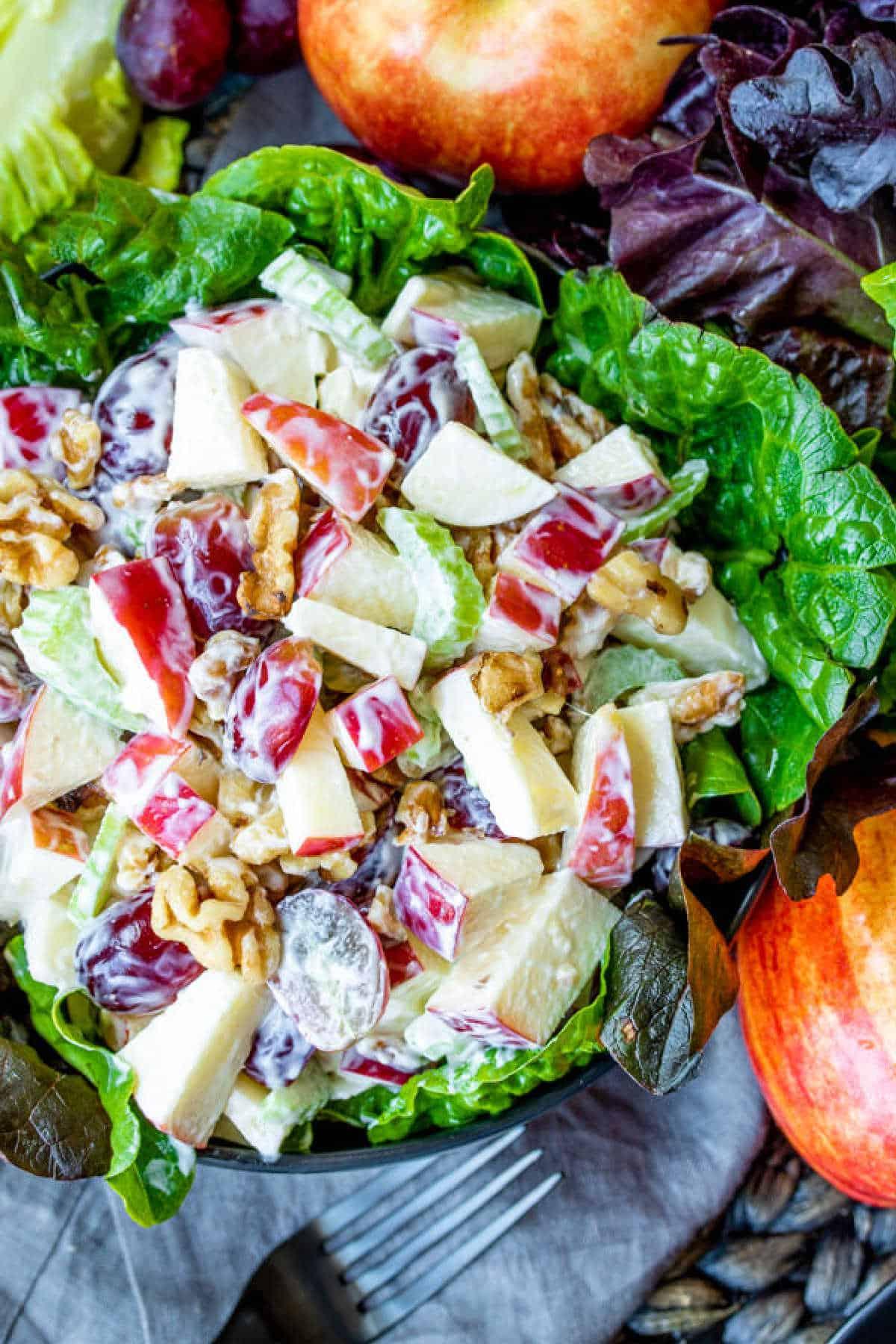 **Waldorf-Salat-Rezept** 6 Salatblatt-Schale gefüllt mit Waldorfsalat aus Äpfeln und Trauben
