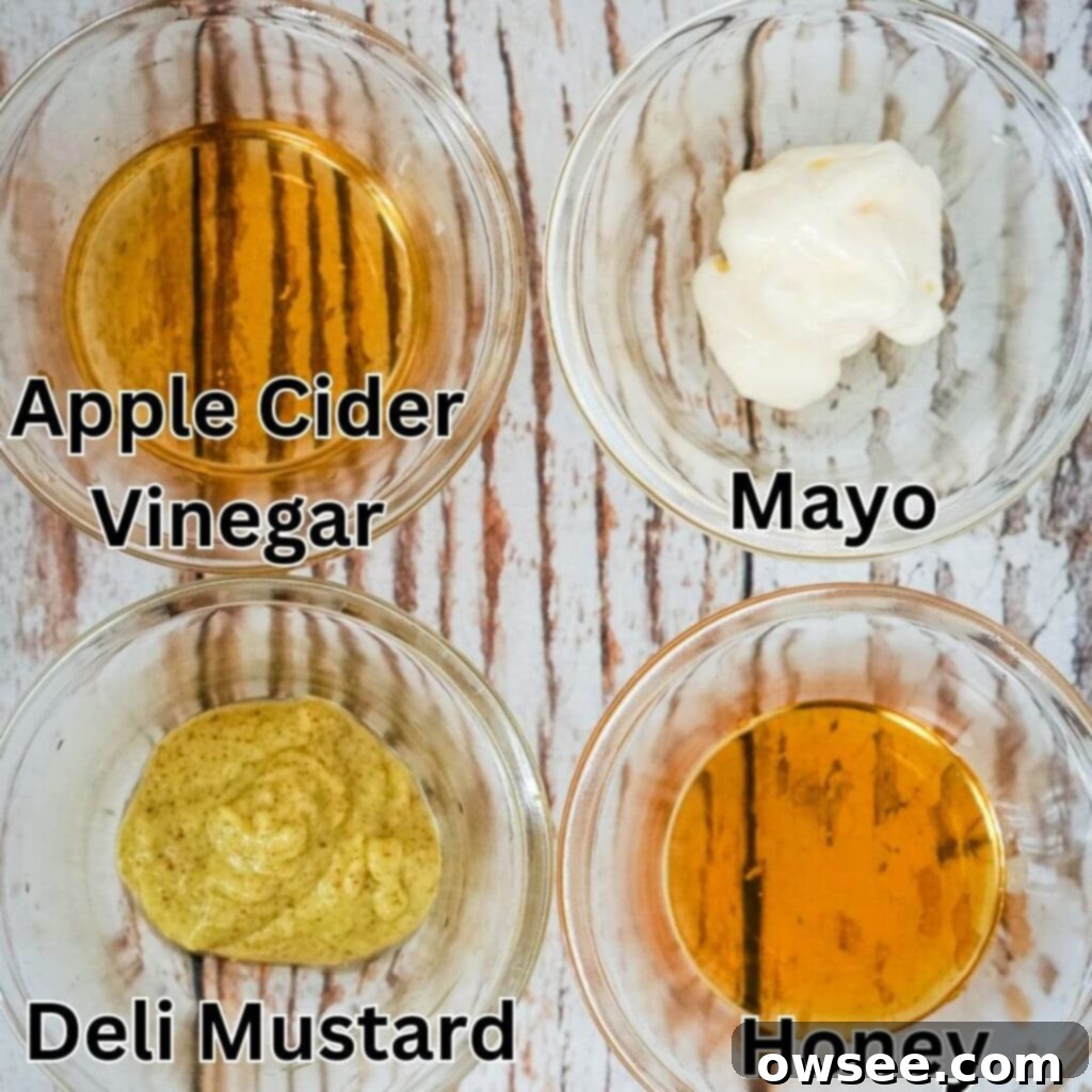Crisp Turkey Apple Swiss Wraps 6 Four clear bowls with apple cider vinegar, mayo, deli mustard, and honey.