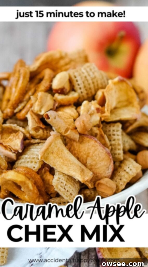 Golden Apple Caramel Crunch 11 Ready in only 15 minutes, this addictive sweet and salty caramel apple Chex mix with pretzels and peanuts is the perfect fall snack!