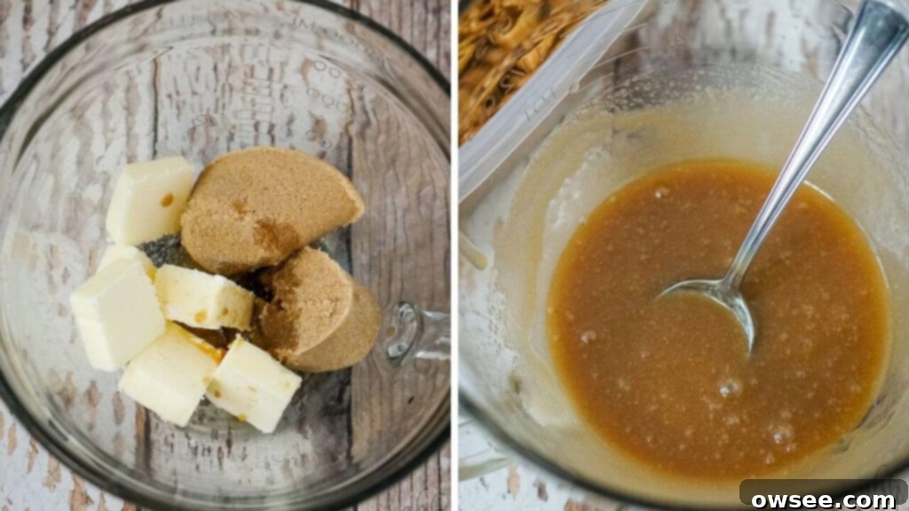 Golden Apple Caramel Crunch 6 chunks of butter and brown sugar are melted together and stirred in a microwavable bowl.