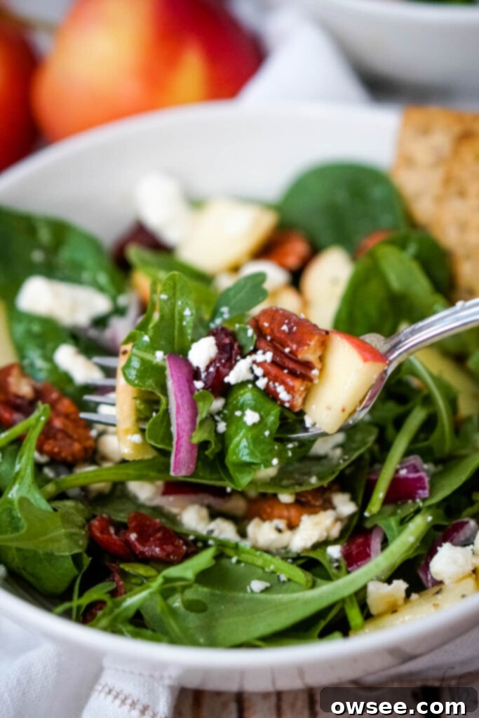 Crisp Apple, Creamy Feta and Spinach Salad 3 A forkful of Apple Feta Spinach Salad, showing the crisp spinach, a slice of apple, a piece of feta, and a toasted pecan, against a blurred background of the full salad.