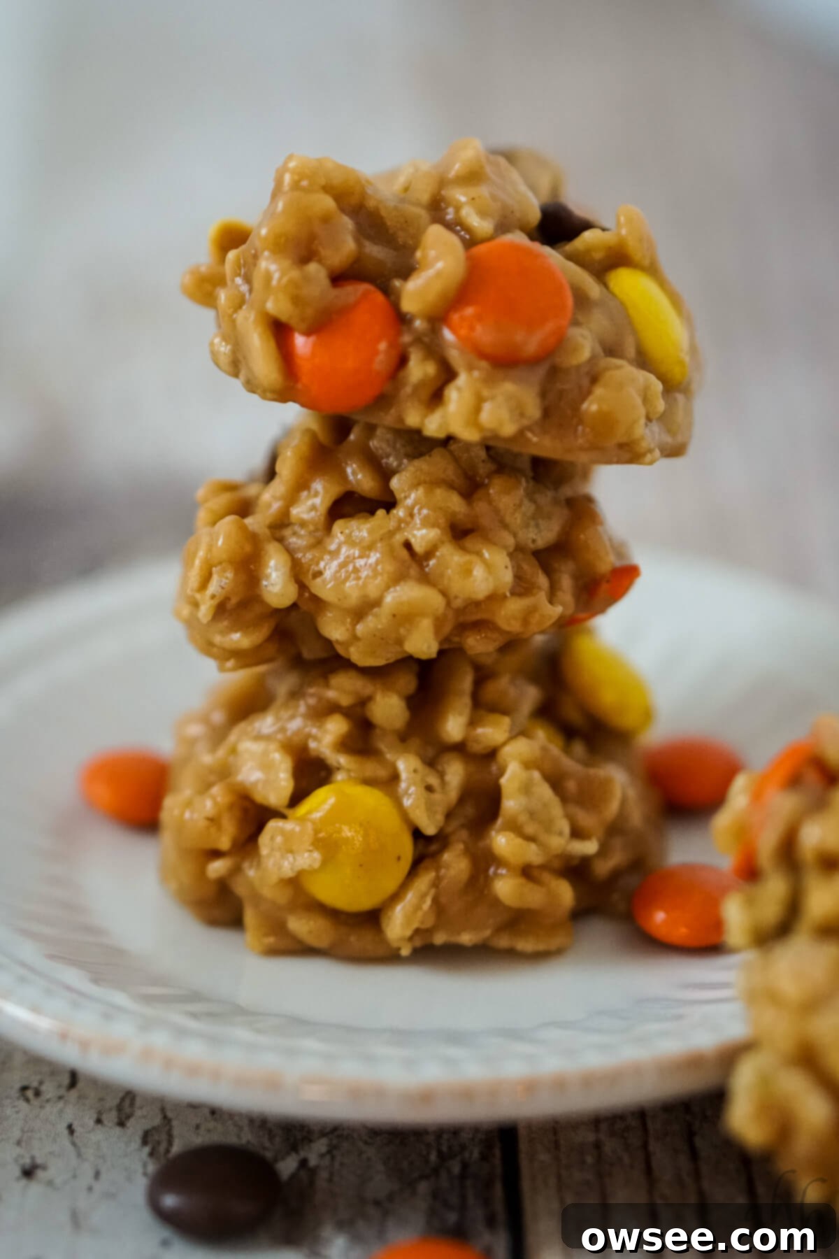 A close-up shot of several Rice Krispies No Bake Cookies with Reese's Pieces, showcasing their crispy, chewy texture and colorful candy.