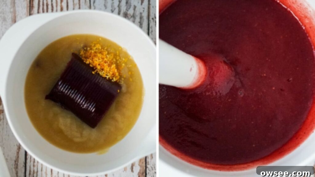 Zesty Cranberry Orange Fruit Strips 5 A collage image that shows the ingredients to make cranberry orange fruit leather and then mixture being blended with an immersion blender.