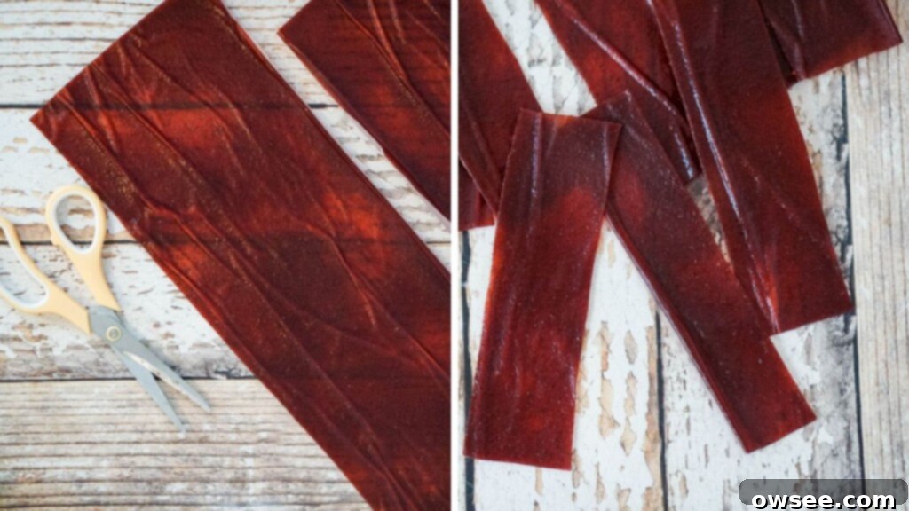 Zesty Cranberry Orange Fruit Strips 7 A collage image that shows cutting the cranberry orange fruit leather with scissors.