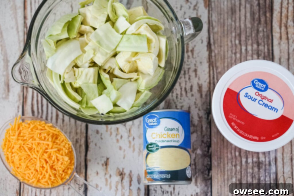 Creamy Cabbage Bake 4 Six cups of chopped cabbage, shredded cheddar cheese, a can of cream of chicken soup, and a tub of sour cream.