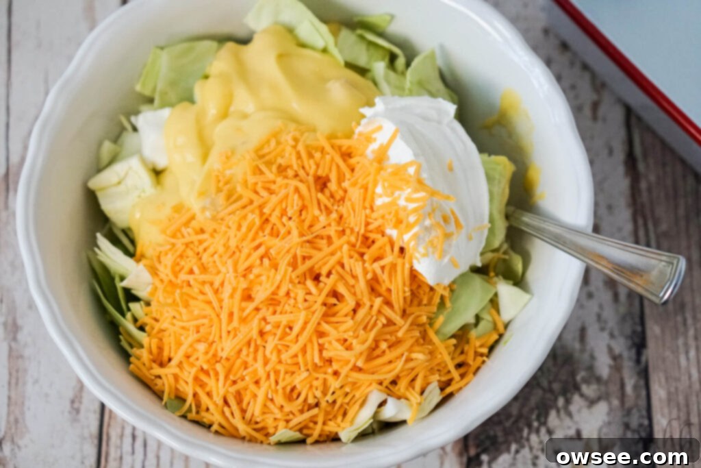 Creamy Cabbage Bake 5 The cabbage, shredded cheese, cream of chicken soup, and sour cream are added to the bowl and stirred together.