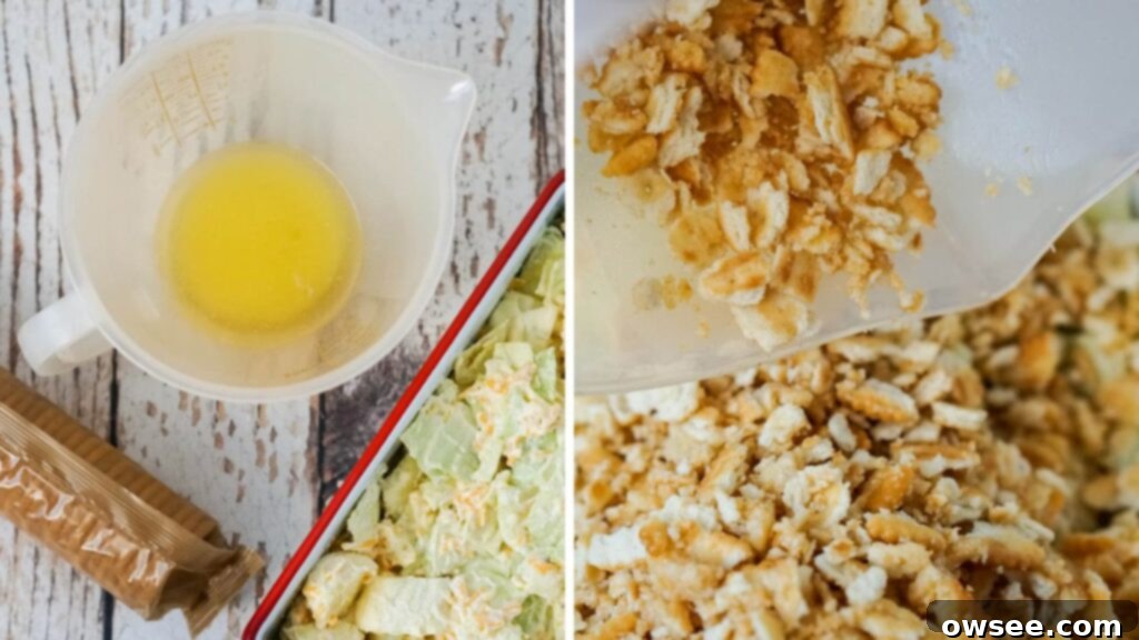 Creamy Cabbage Bake 6 Melted butter and a bag of ritz crackers are mixed together and spread over the top of the casserole.