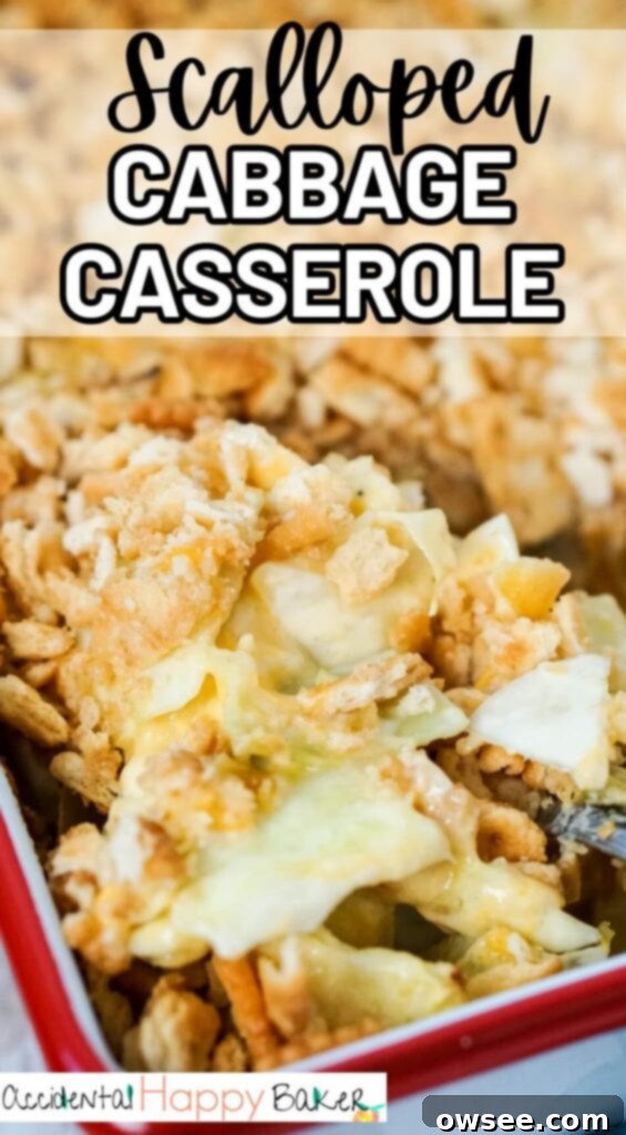 Creamy Cabbage Bake 9 Treat yourself to a cozy vintage comfort food experience with this Easy Scalloped Cabbage Casserole! Enjoy the wonderful combination of tender cabbage, a cheesy creamy sauce, and a crisp buttery cracker topping, all baked to a beautiful golden brown perfection. Make your weeknight dinners or holiday celebrations extra special with this scrumptious and budget friendly side dish!