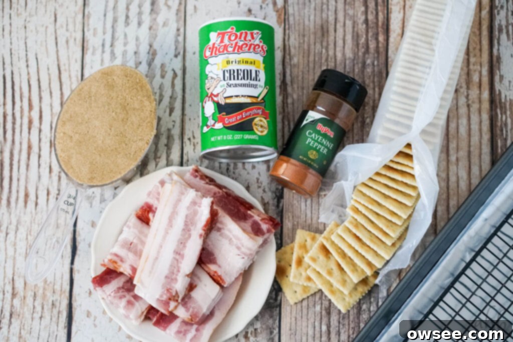 Sweet Heat Bacon Crisps 4 A flat lay of the essential ingredients for Cajun Candied Bacon Crackers, including brown sugar, raw sliced bacon, Cajun seasoning, cayenne pepper, and a sleeve of saltine crackers.