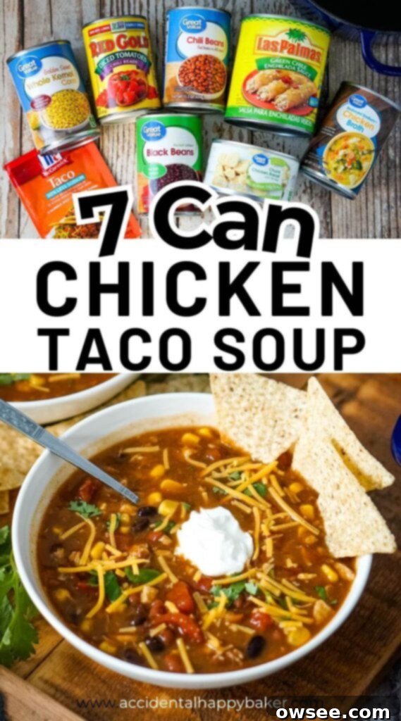 Effortless Seven Can Chicken Taco Soup 11 A promotional image for 7 Can Chicken Taco Soup, featuring a finished bowl and the descriptive text: 'Hearty, flavorful, and filling, this 7 Can Chicken Taco Soup is the epitome of easy cooking! Everything you need for this recipe is shelf stable. With this easy recipe, the hardest part of dinner is opening up the cans and then washing the dishes! '