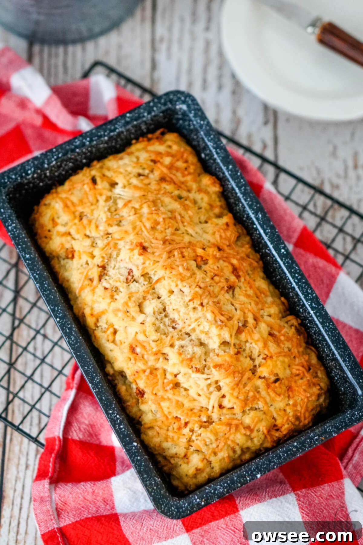 Sun-Kissed Tomato Parmesan Beer Bread 2 A golden brown loaf of Sun-dried Tomato and Parmesan Beer Bread cooling in a loaf pan, showcasing its rustic crust and inviting texture.