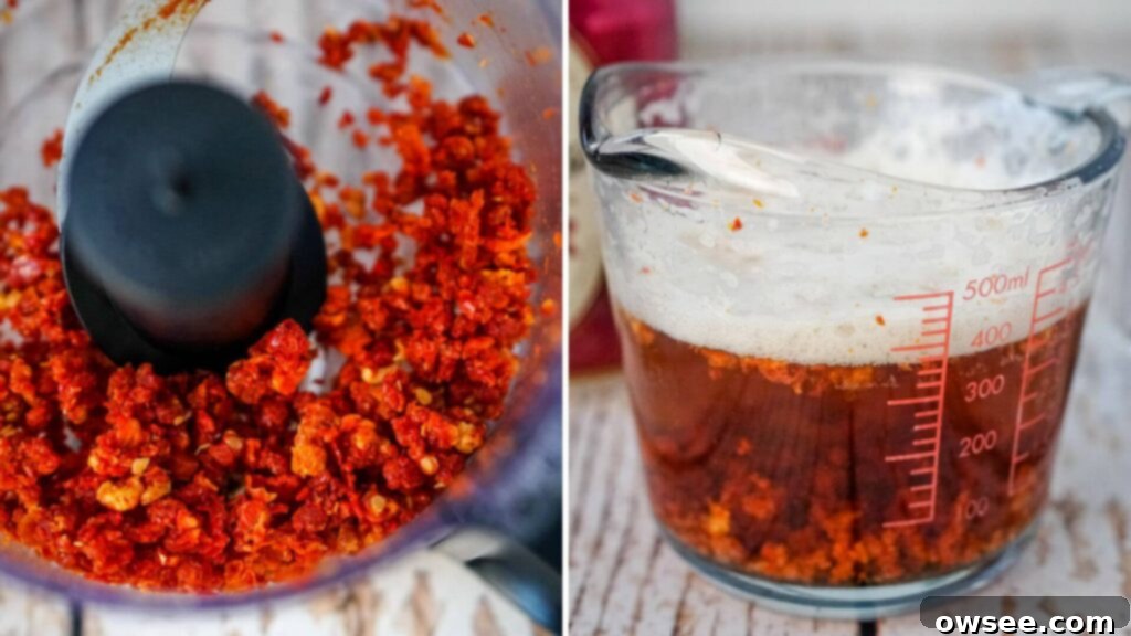 Sun-Kissed Tomato Parmesan Beer Bread 6 Finely chopped sun-dried tomatoes soaking in room temperature beer in a glass measuring cup, preparing for step 1 of the recipe.