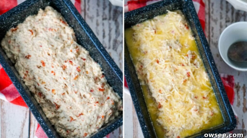 Sun-Kissed Tomato Parmesan Beer Bread 9 The beer bread batter is carefully poured into a greased loaf pan, then topped with melted butter and the remaining grated Parmesan cheese before baking.