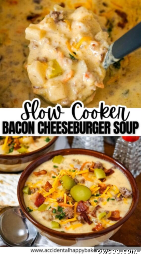Creamy Slow Cooker Bacon Cheeseburger Soup 11 This easy cheesy Slow Cooker Bacon Cheeseburger Soup is so simple to make! Only 3 steps to a comforting and creamy soup that’s full of hamburger, bacon, cheese, and potatoes.
