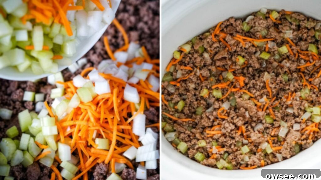 Creamy Slow Cooker Bacon Cheeseburger Soup 6 Shredded carrots, chopped celery, and chopped onion added to browned ground beef, then transferred to a slow cooker.