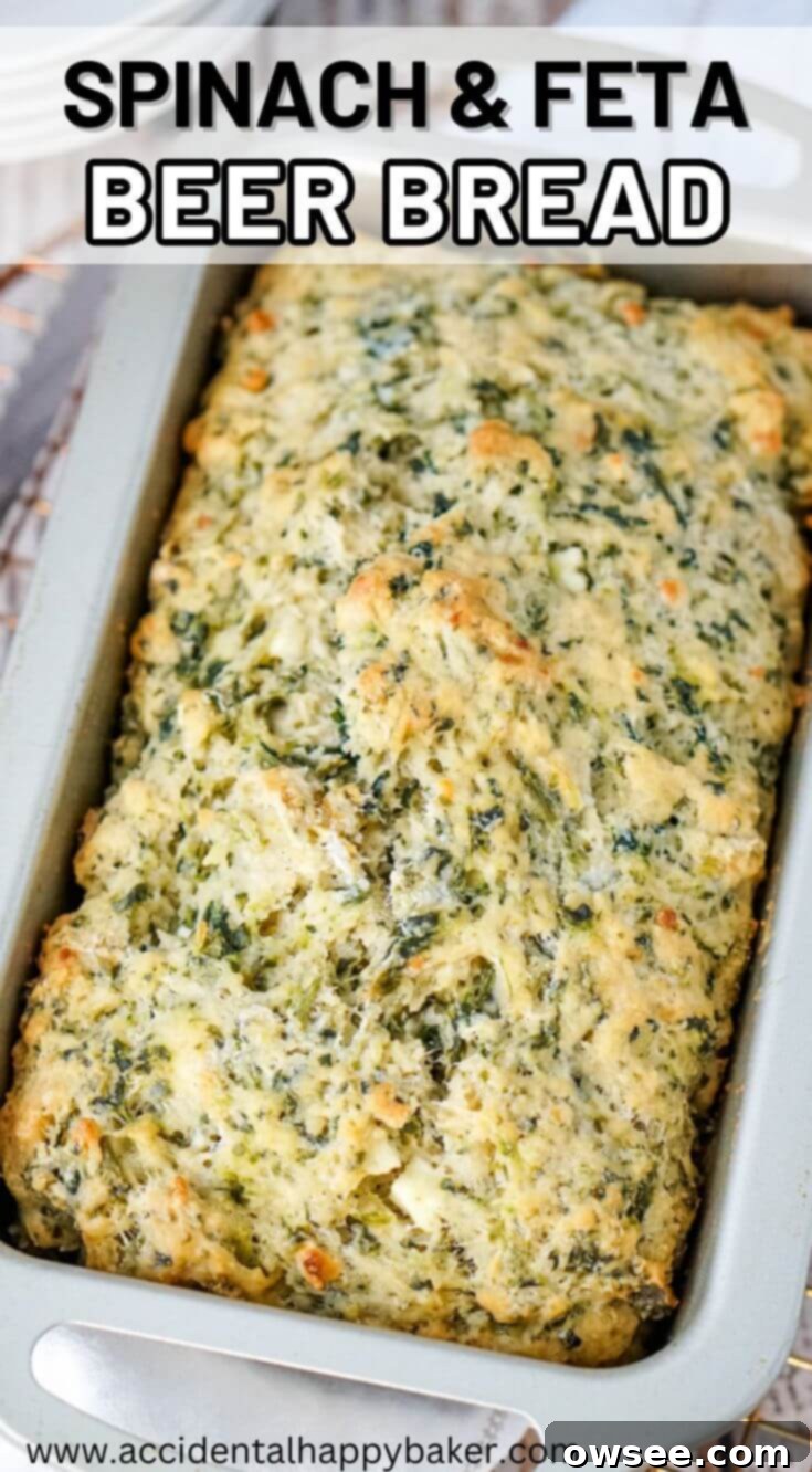 Savory Spinach Feta Beer Bread 13 Spinach and Feta Beer Bread is an easy to make no fuss bread recipe. This fun twist on beer bread combines the tanginess of feta with the earthiness of spinach for a moist and flavorful beer bread that makes a perfect side to soups and stews, but is also great to eat all by itself.