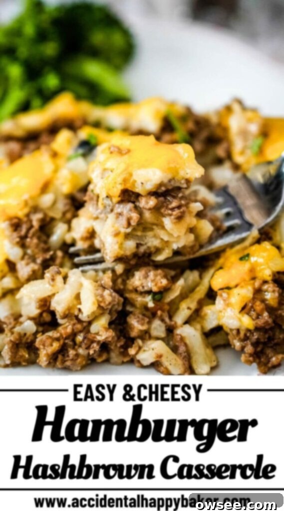 Savory Beef and Hashbrown Bake 14 A Pinterest-friendly vertical image of the Cheesy Hamburger Hashbrown Casserole, perfect for sharing and saving for future meal inspiration.