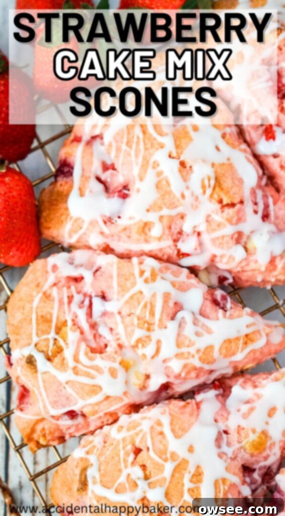 Sweet Strawberry Shortcut Scones 12 These pretty pink strawberry cake mix scones are bursting with strawberry flavor with bits of strawberries and white chocolate chips inside and a creamy vanilla glaze drizzled on top.