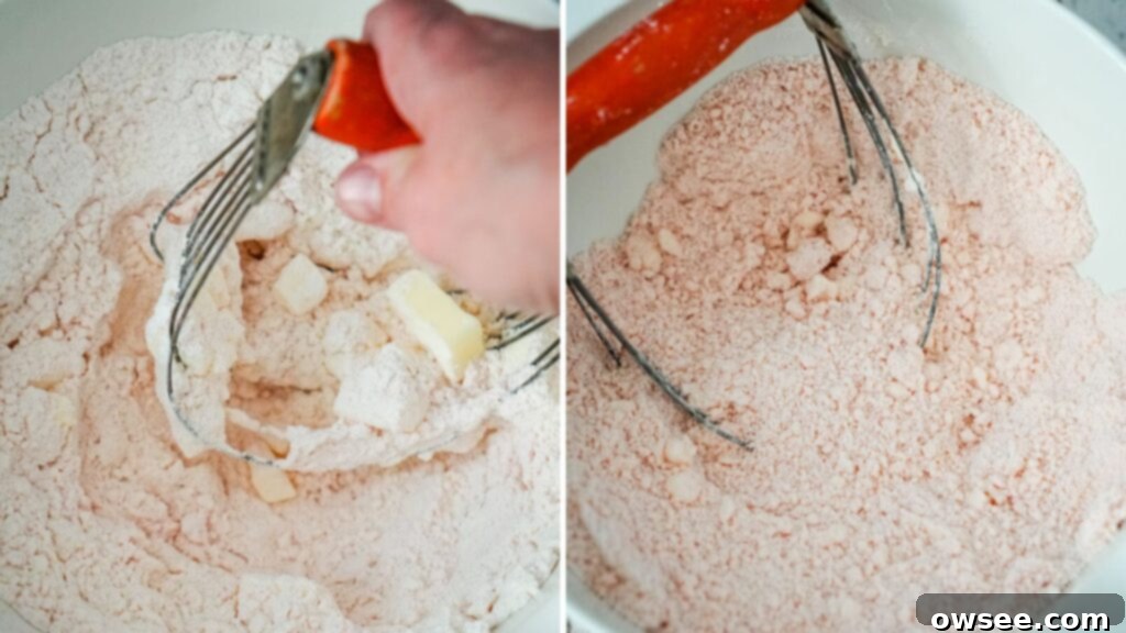 Sweet Strawberry Shortcut Scones 5 A collage image that shows cutting in the butter into the flour and cake mix.