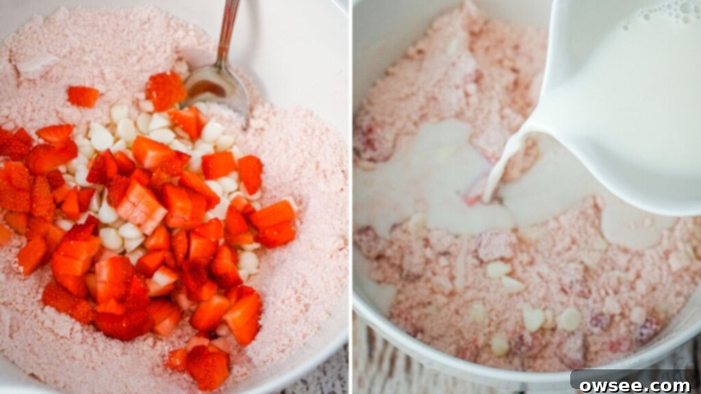 Sweet Strawberry Shortcut Scones 6 A collage image that shows the steps of adding the strawberries, white chocolate chips and milk to the strawberry cake mix scones.