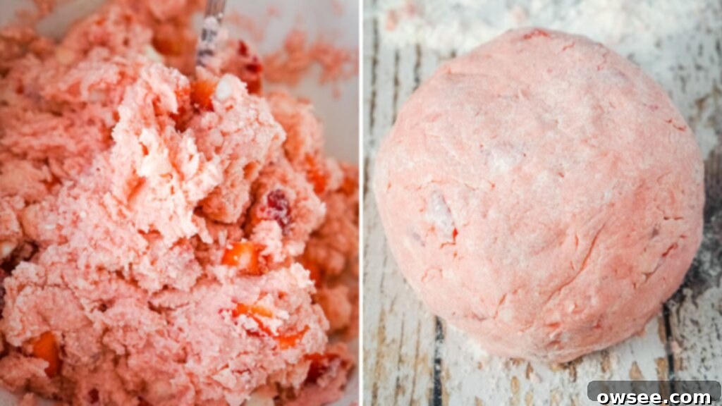 Sweet Strawberry Shortcut Scones 7 A Collage image that shows the scone dough after it's been mixed and then shaping the dough into a ball.