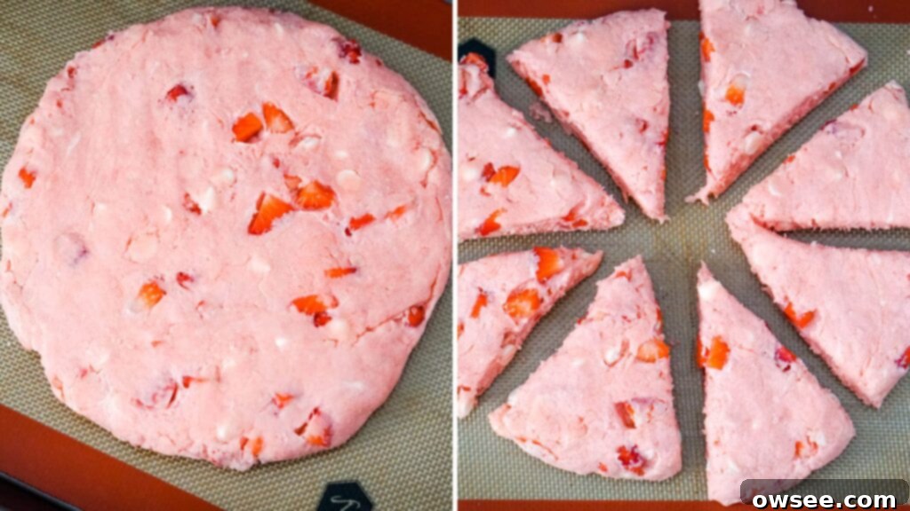 Sweet Strawberry Shortcut Scones 8 A collage image that shows how to shape and flatten the scone dough and then cut it into wedges.