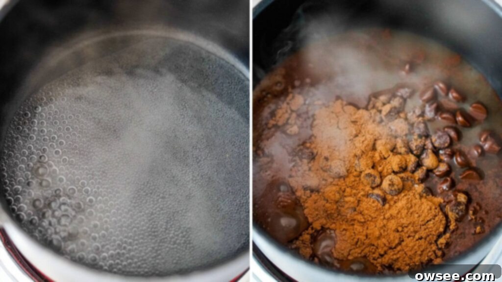Zesty Cocoa Bliss 7 A small saucepan with simmering water, then cocoa powder, sugar, and chocolate chips are added, beginning the syrup creation.
