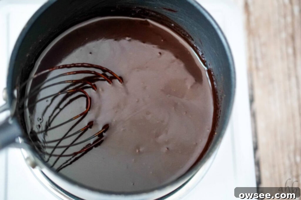 Zesty Cocoa Bliss 8 The melted chocolate syrup is being stirred with a whisk, showing its smooth, glossy consistency.