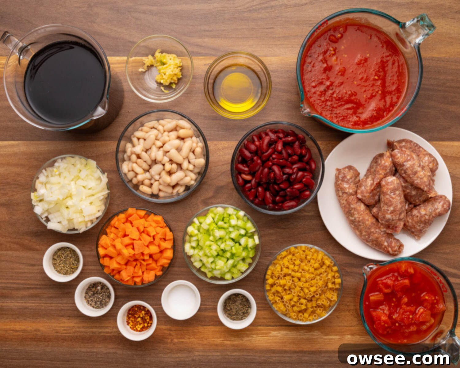 Savory Sausage Pasta Fagioli: An Effortless Comfort 5 All the fresh ingredients for Pasta Fagioli, including chopped vegetables, herbs, and canned goods, are prepped and laid out, ready for cooking.