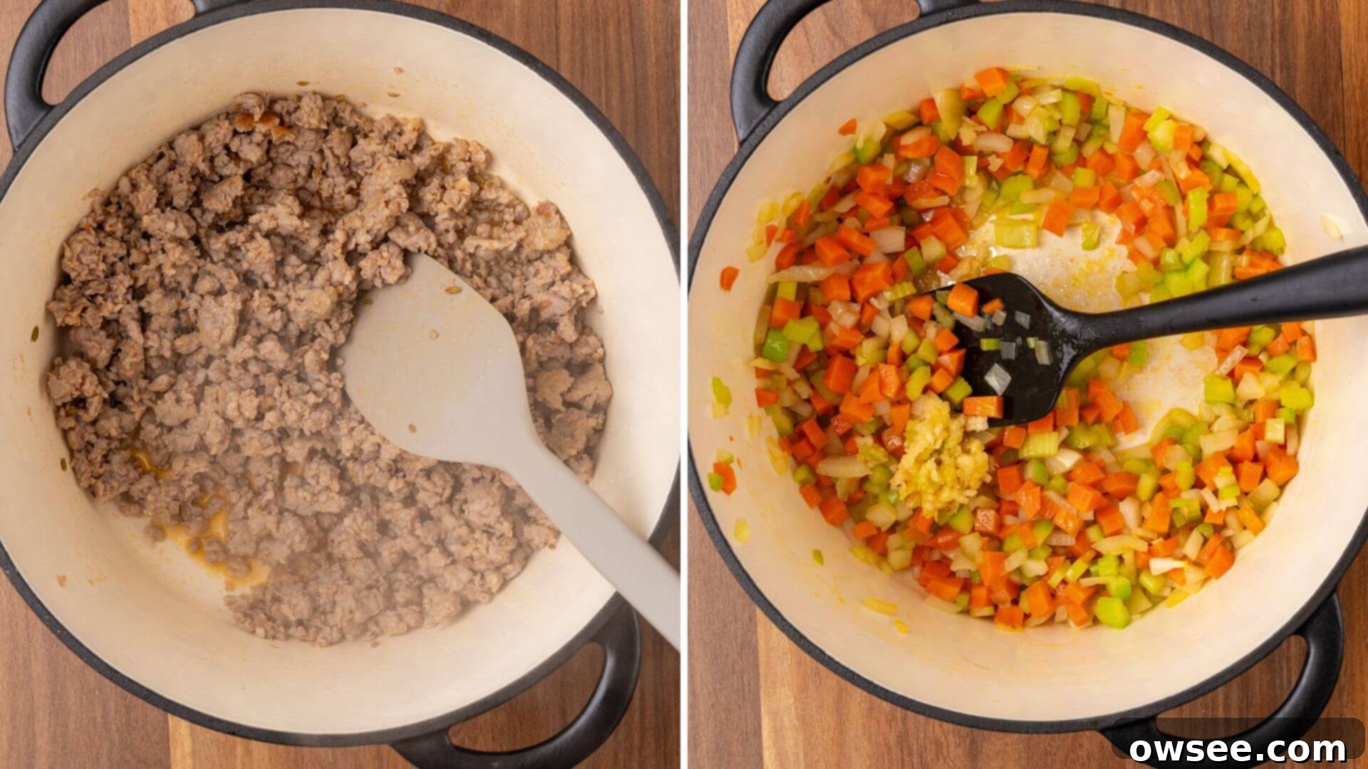Savory Sausage Pasta Fagioli: An Effortless Comfort 6 On the left, Italian sausage is browning and breaking apart in a large stockpot. On the right, the browned sausage has been removed, and chopped onions, carrots, and celery are sautéing in olive oil in the same pot.