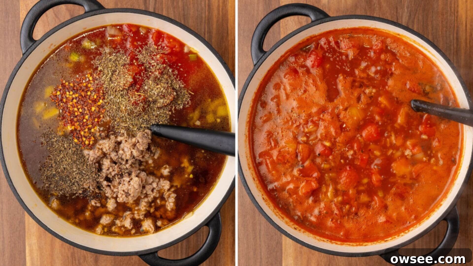 Savory Sausage Pasta Fagioli: An Effortless Comfort 7 All ingredients except pasta and beans are added to the stockpot, stirred thoroughly, and then brought to a simmer for 15-20 minutes to soften the vegetables and meld flavors.
