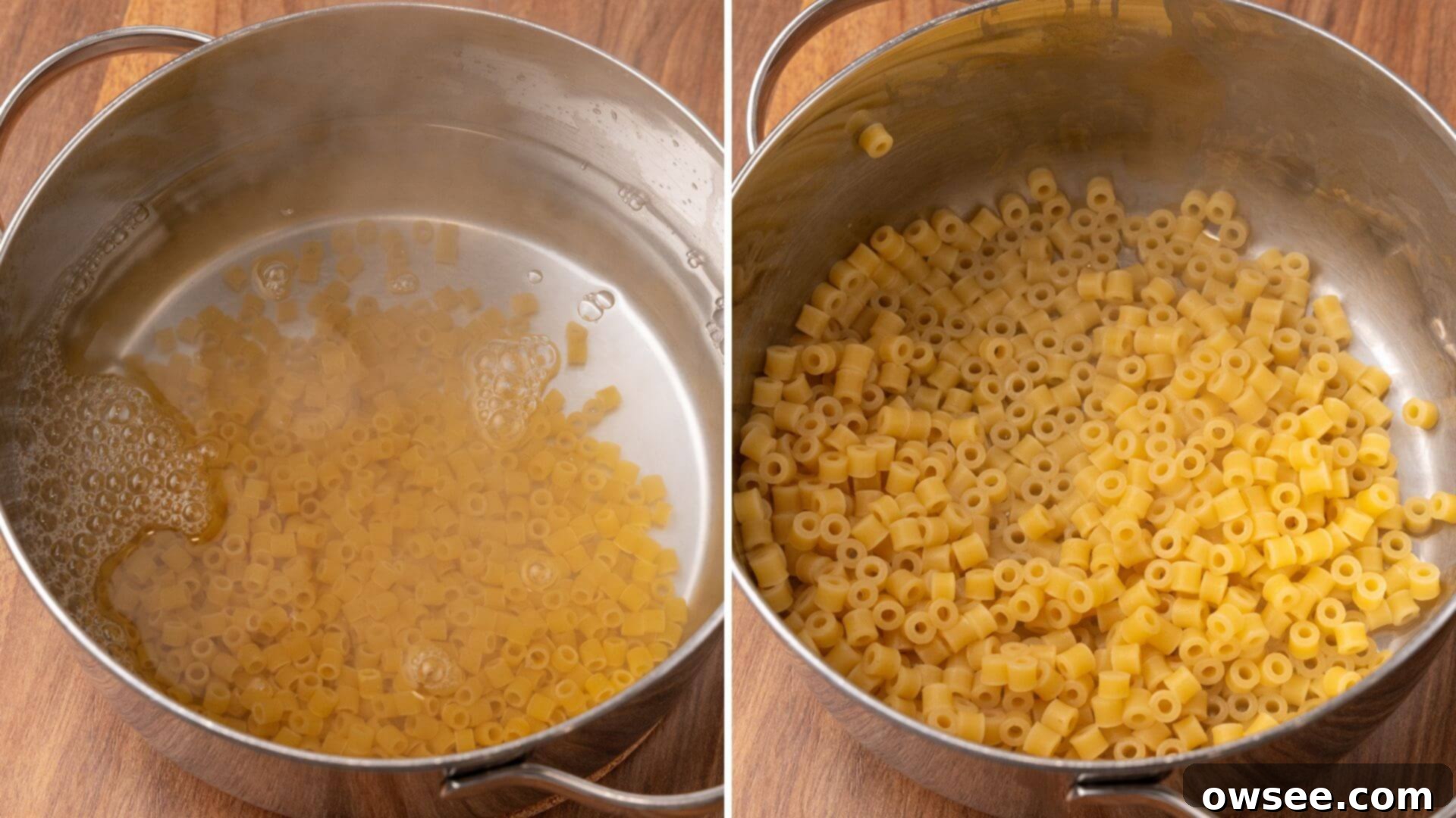 Savory Sausage Pasta Fagioli: An Effortless Comfort 8 Dry ditalini pasta is shown cooking to an al dente finish in a pot of boiling water, ready to be added to the soup.