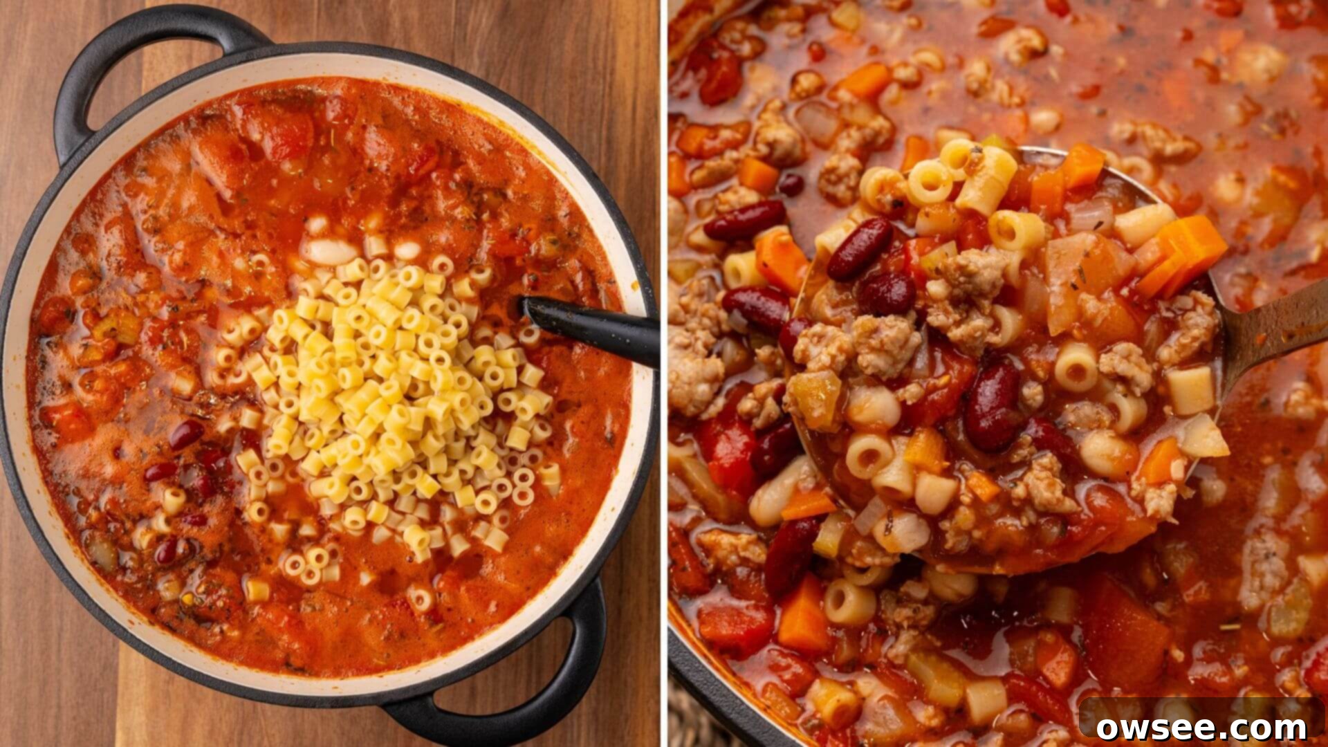 Savory Sausage Pasta Fagioli: An Effortless Comfort 9 Cooked ditalini pasta and drained beans are added to the simmering Pasta Fagioli soup, then gently stirred together with a ladle to combine all the hearty ingredients.