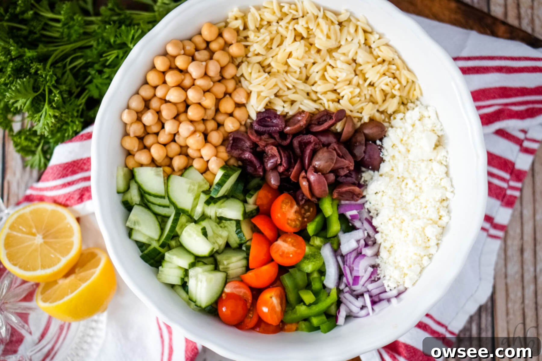 Zesty Orzo Chickpea Salad 6 A large white bowl is filled with all the ingredients for the Orzo Garbanzo Bean Salad, including pasta, chickpeas, and colorful vegetables.