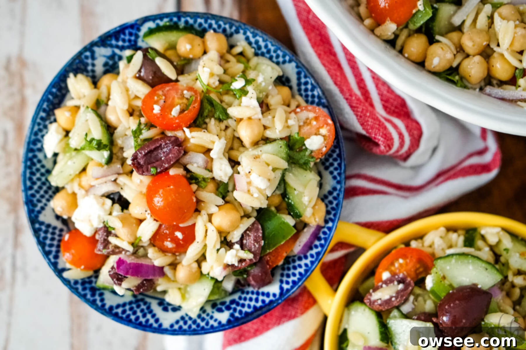 Zesty Orzo Chickpea Salad 9 Orzo Garbanzo Bean Salad served in a blue bowl, surrounded by fresh ingredients.