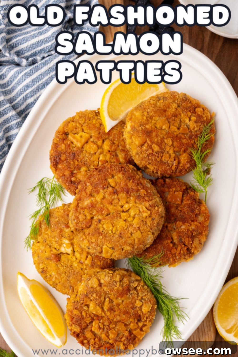Grandma's Homestyle Salmon Patties 11 A beautifully presented plate of Old Fashioned Salmon Patties, just like Grandma used to make, golden brown and crisp on the outside, tender and moist on the inside. Garnished with fresh dill and lemon slices.