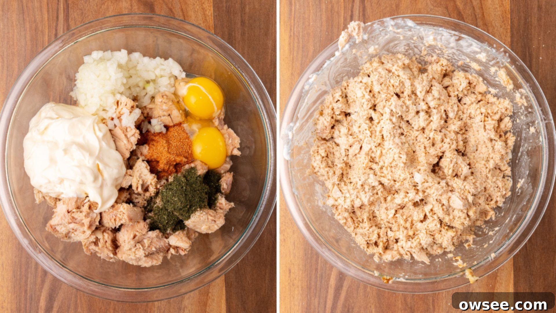 Grandma's Homestyle Salmon Patties 5 The ingredients are added to a large glass bowl and then mixed together by hand.