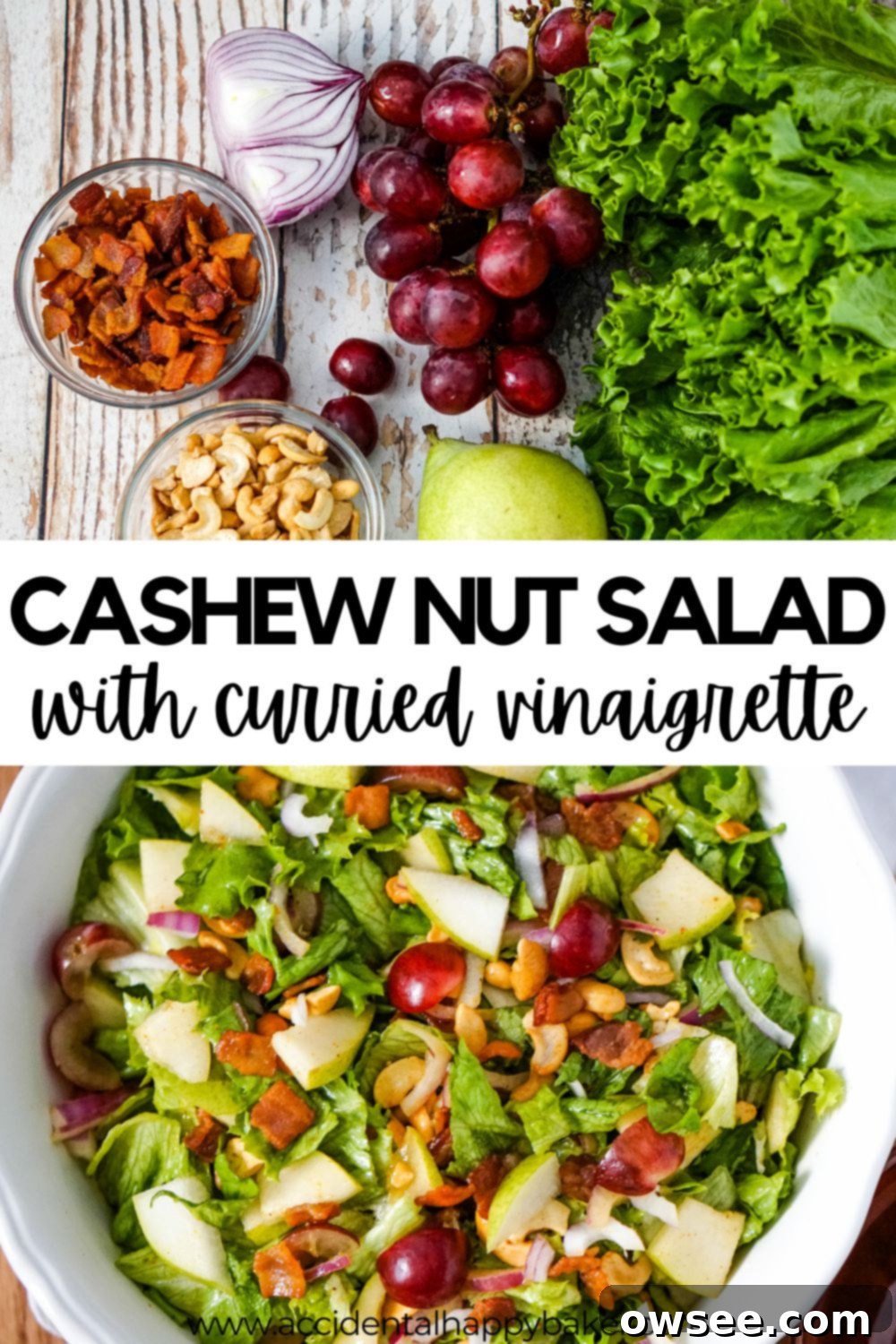 Cashew Salad 12 This isn't your typical side salad. Cashew Nut Salad combines cashews, bacon, pears and grapes with mixed greens and a snappy curried vinaigrette for an easy salad recipe that will liven up any meal!