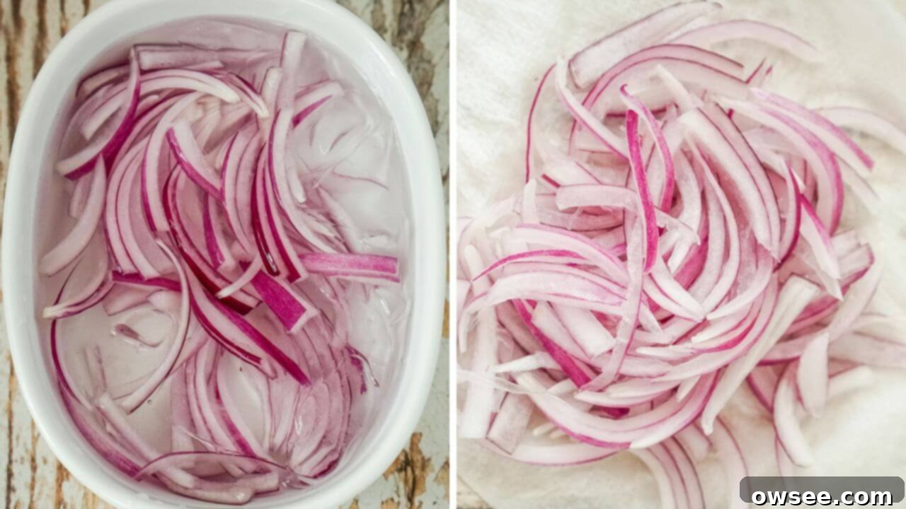 Cashew Salad 6 The red onion is soaked in an ice bath and then dried on a paper towel.