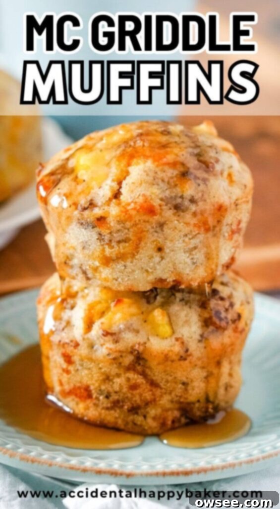 All-in-One Breakfast Muffins 12 A Pinterest-friendly image featuring a stack of golden brown McGriddle Muffins on a light blue plate, drizzled with syrup, with text highlighting the recipe's ease and freezer-friendliness.
