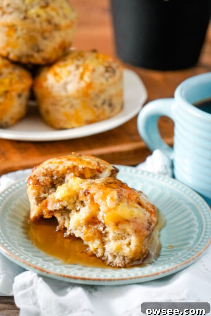 All-in-One Breakfast Muffins 3 Two half-eaten McGriddle muffins sit on a blue plate, drenched in a pool of golden maple syrup. Bits of egg and sausage are visible.