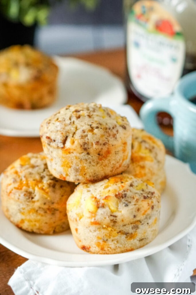 All-in-One Breakfast Muffins 4 Four golden brown McGriddle muffins are stacked in a pyramid on a white plate, ready to be served.