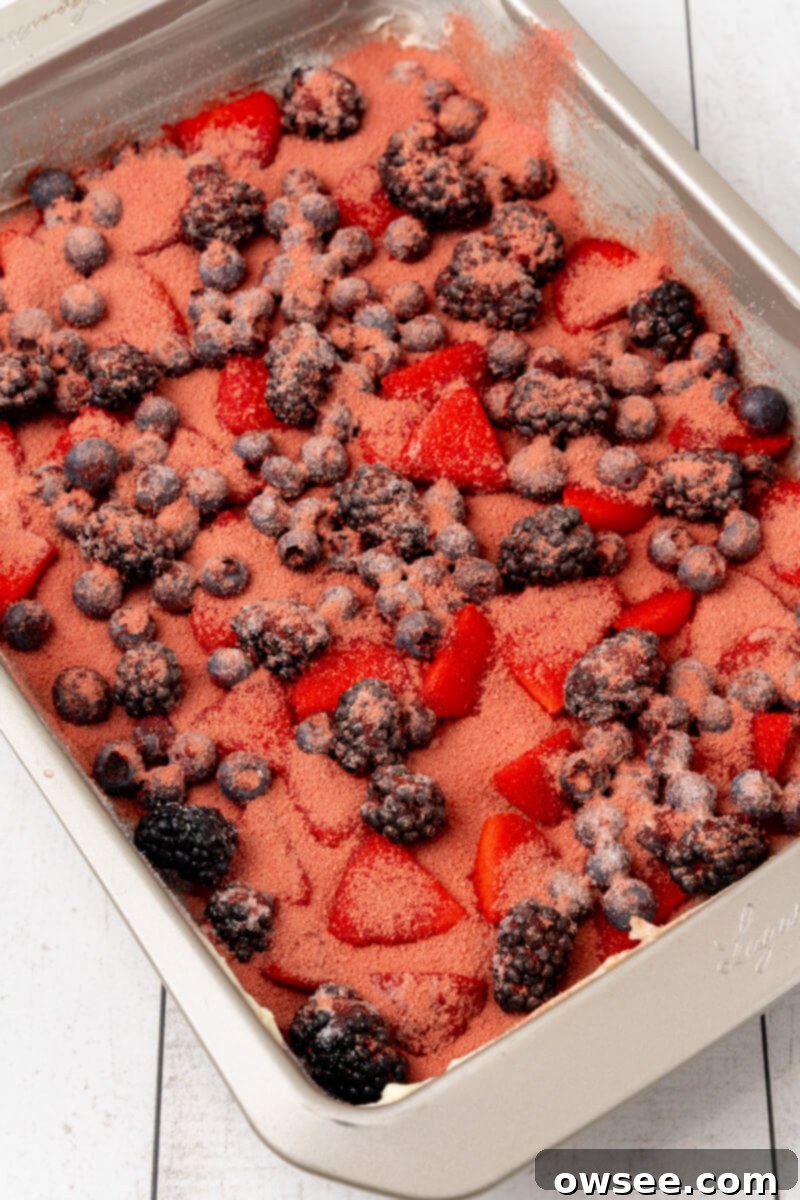 Caramelized Berry Flip Cake 6 Fresh berries are uniformly spread across the bottom of a baking pan, then covered with a layer of granulated sugar and raspberry gelatin powder, preparing the base for the cake.